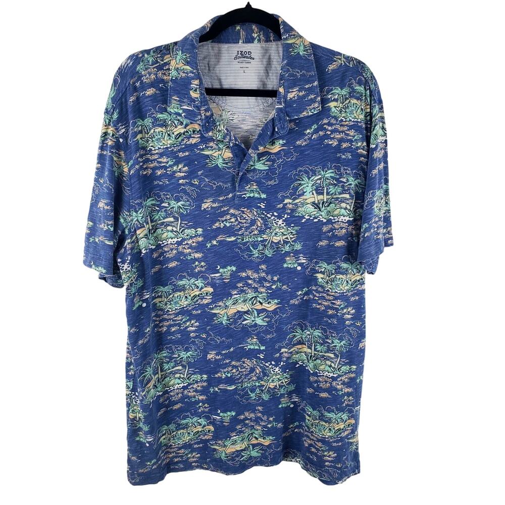Izod Saltwater Hawaiian Blue Tropical Button Up Short Sleeve 100% Cotton Shirt L